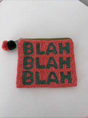 Beaded 'BLAH BLAH BLAH' Coral and Green Zip Pouch
